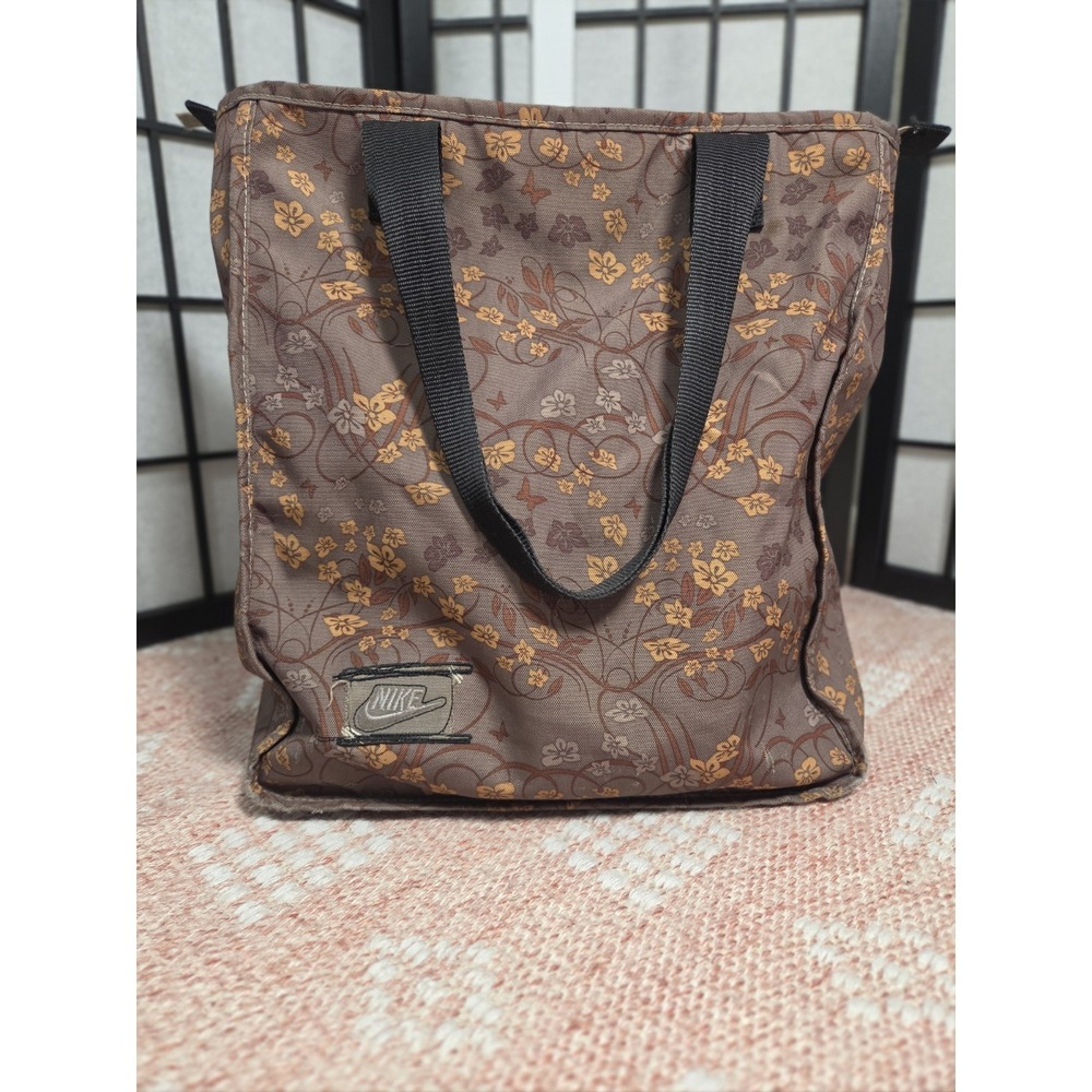 Vintage Nike Nylon Canvas Tote Bag Unique Olive Gray Yellow Brown Floral Design‎